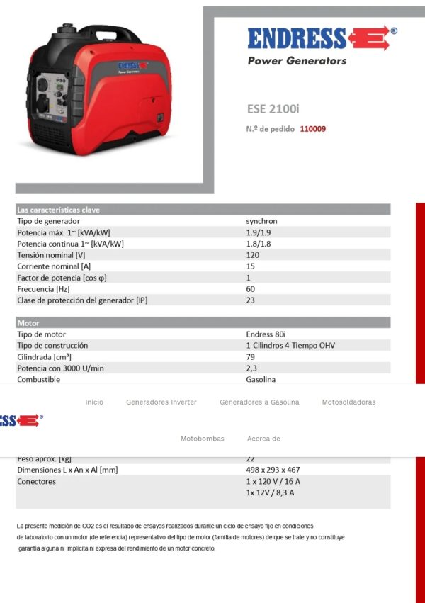 Generador de energía Inverter Endress de 1.9 kW ESE 2100i - Imagen 4